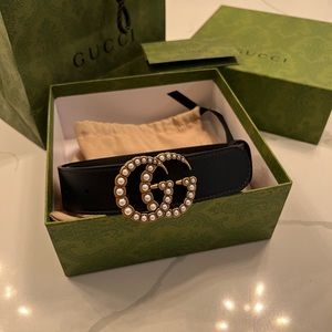 Gucci Leather Pearl Belt Double G Buckle 100% Authentic
